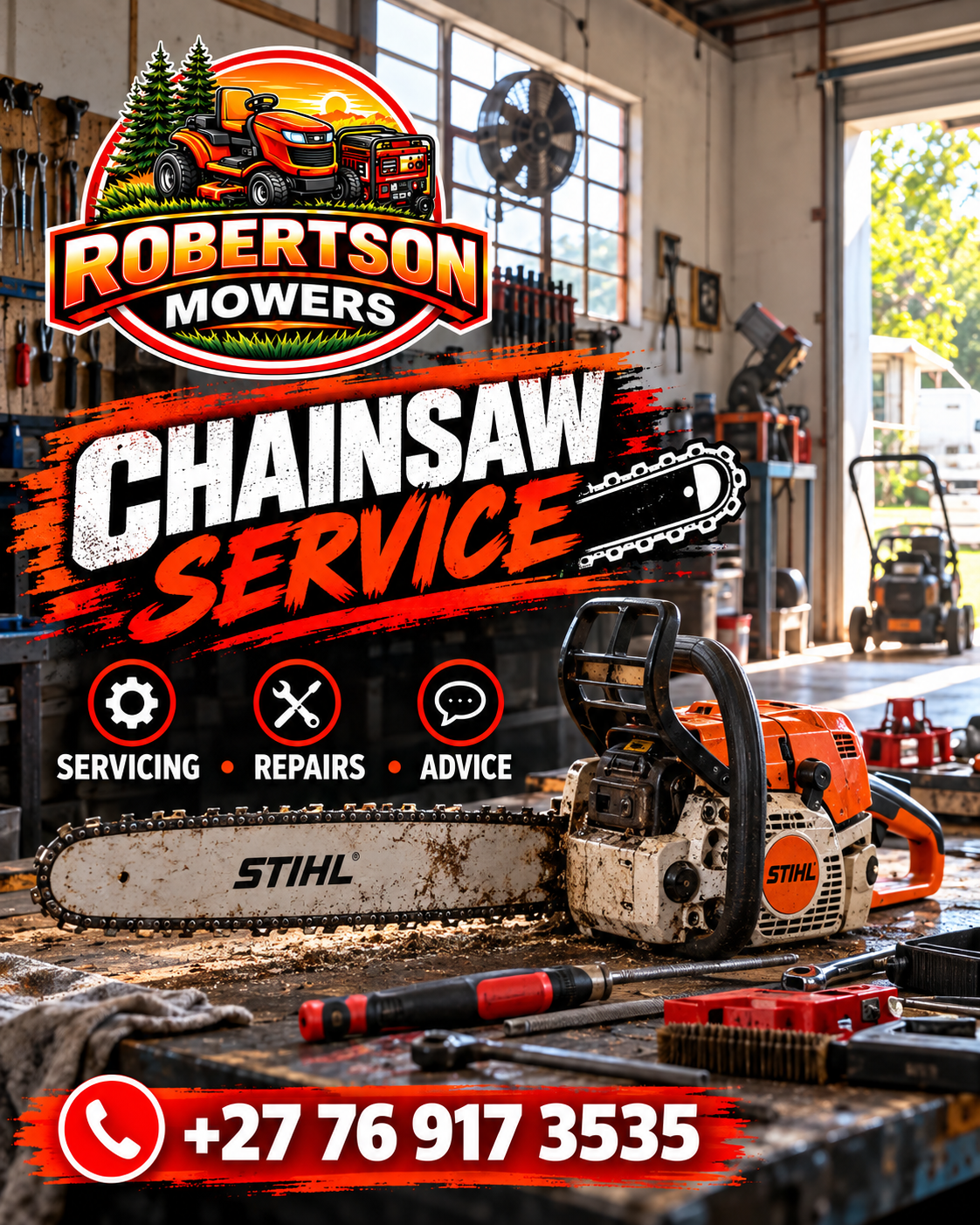 Chainsaw on a workshop bench